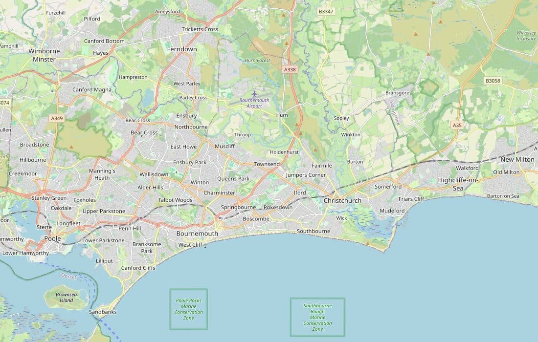Map of Bournemouth, Poole and Christchurch, with the area we cover shaded